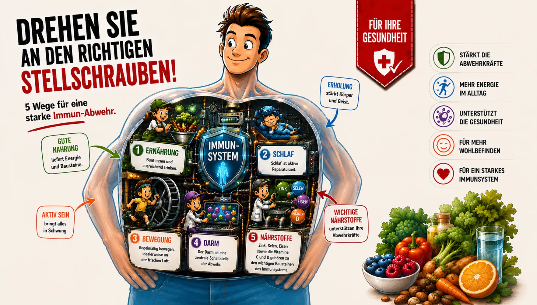 "Stellschrauben für eine starke Abwehr" - Bunt essen und ausreichend trinken, ausreichend, Regelmäßige Bewegung, den Darm stärken, mit Nährstoffen versorgen